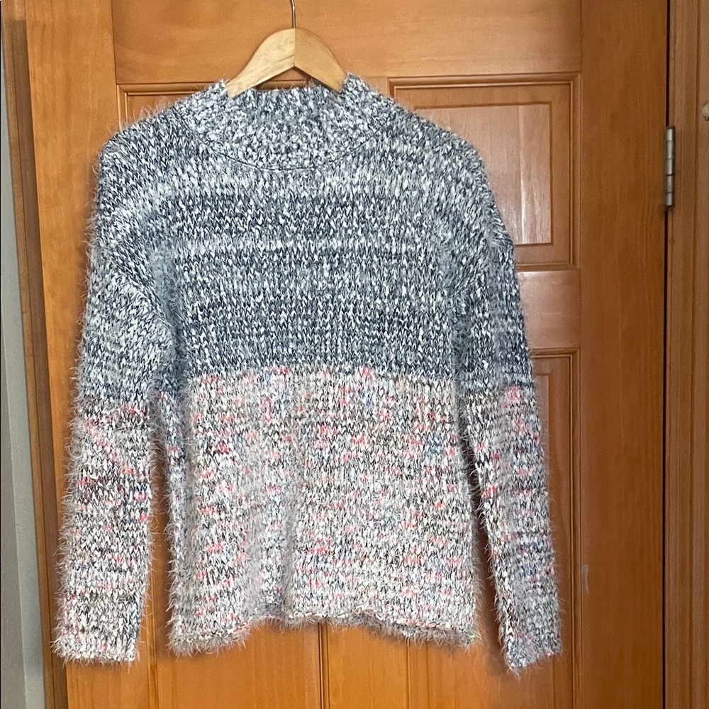 Women's Fuzzy Knit Sweater - Gray, blue and Pink